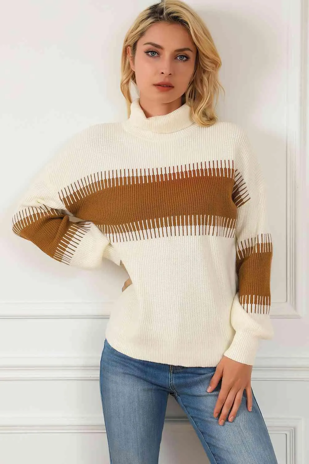 Fall Style Color Block Turtleneck Sweater