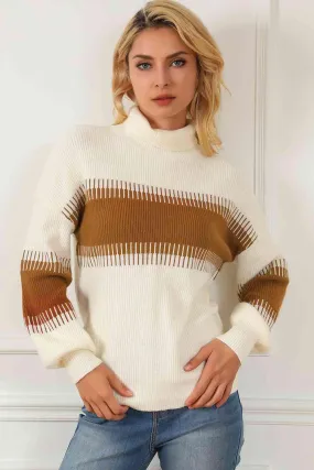 Fall Style Color Block Turtleneck Sweater