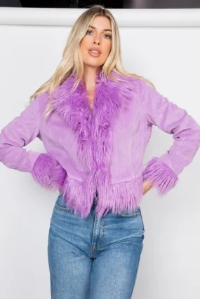 Faux Fur Trim Long Sleeve Corduroy Jacket