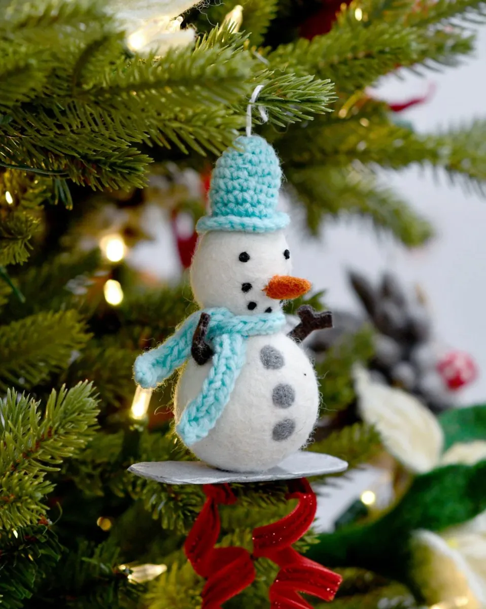 Felt Snowman on Snowboard Ornament - Tara Treasures