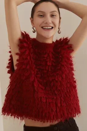 Festive Red Feather Knit Sleeveless Sweater Vest