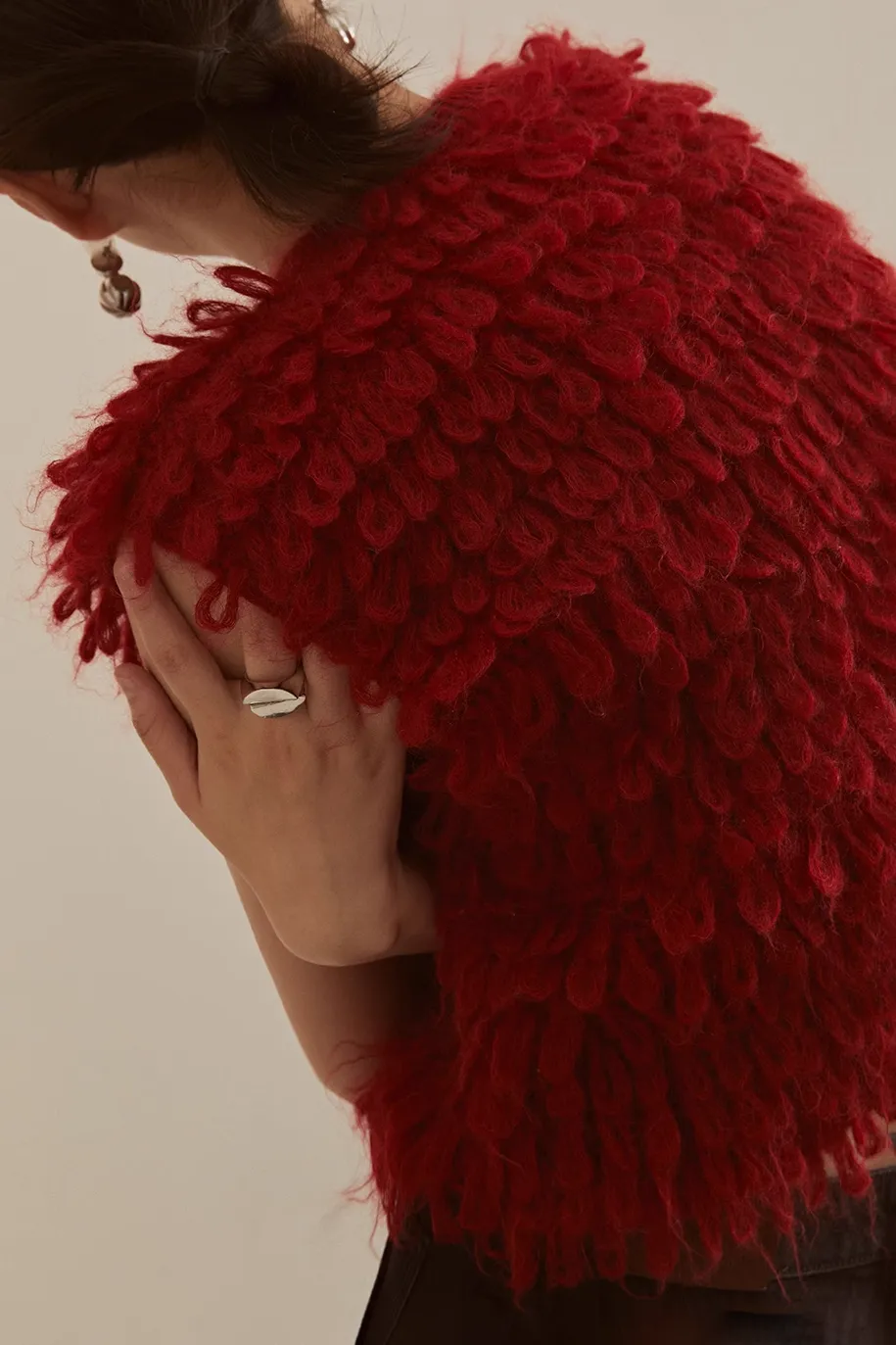 Festive Red Feather Knit Sleeveless Sweater Vest