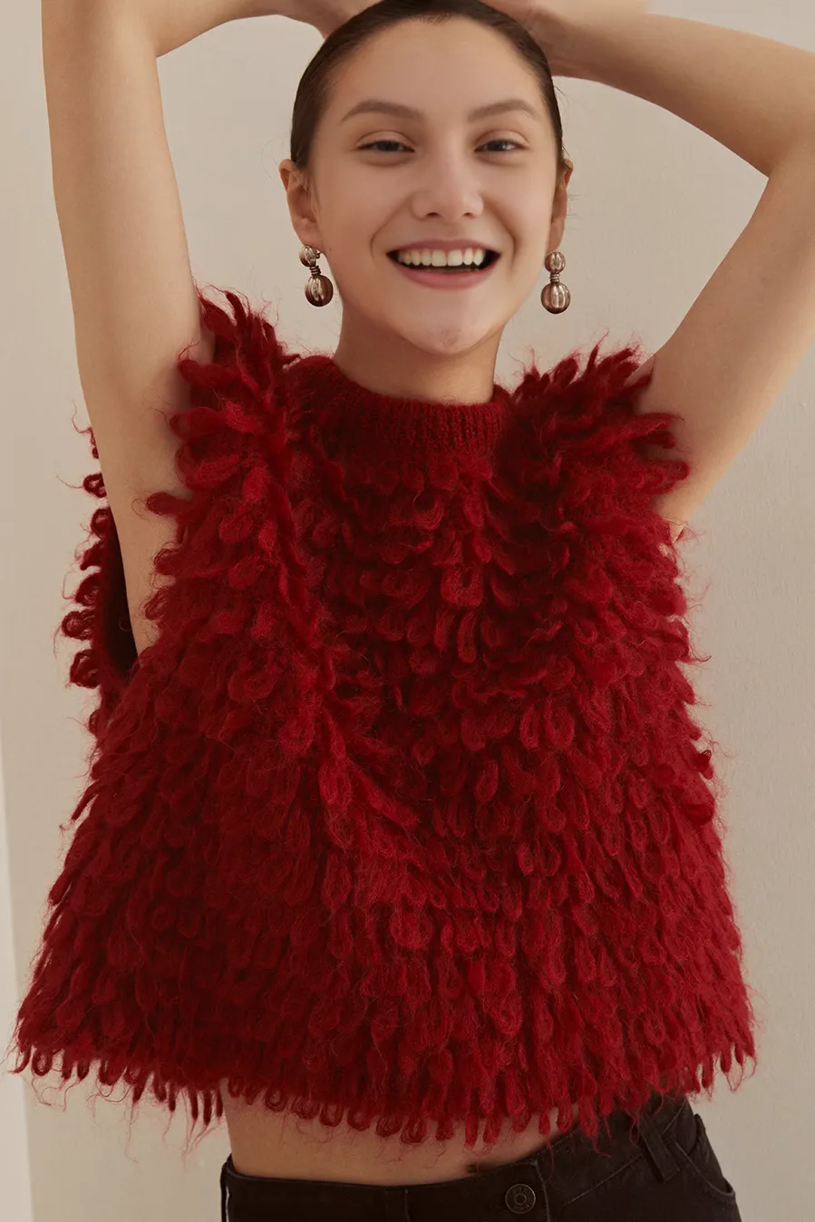 Festive Red Feather Knit Sleeveless Sweater Vest