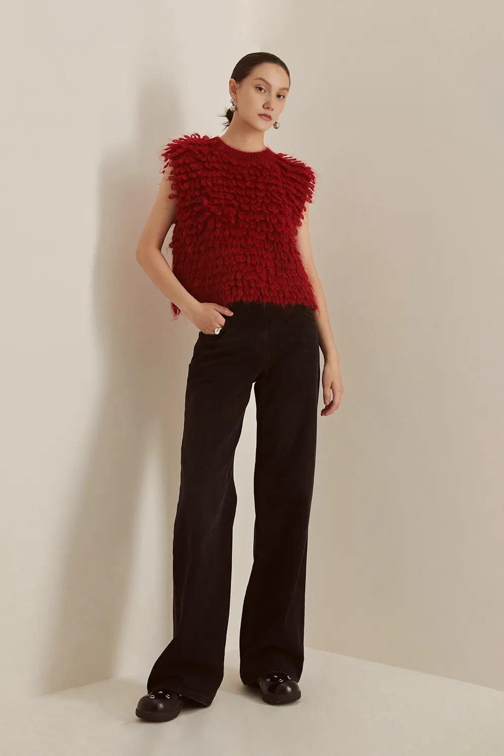 Festive Red Feather Knit Sleeveless Sweater Vest