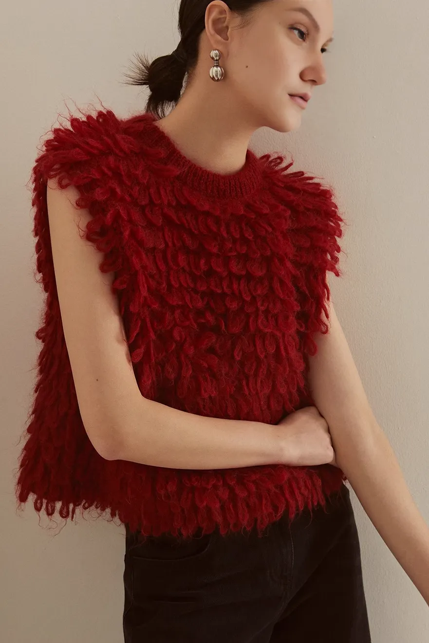 Festive Red Feather Knit Sleeveless Sweater Vest