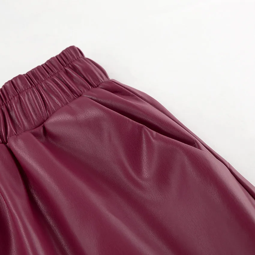 Fleece Faux Leather High Waist Midi Skirt
