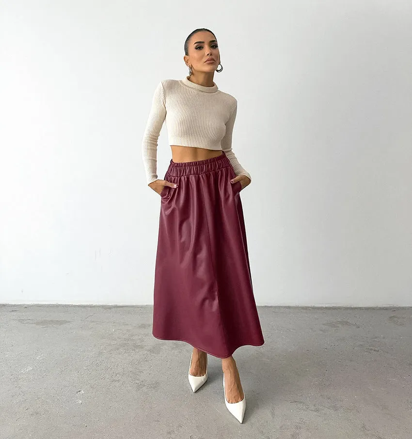 Fleece Faux Leather High Waist Midi Skirt