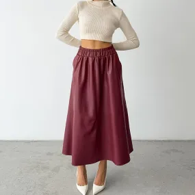 Fleece Faux Leather High Waist Midi Skirt