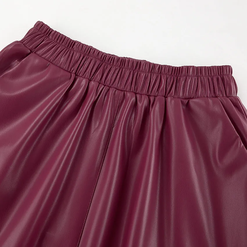 Fleece Faux Leather High Waist Midi Skirt