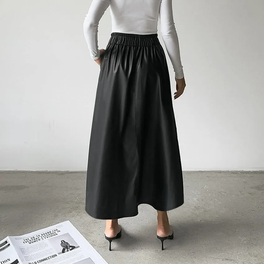 Fleece Faux Leather High Waist Midi Skirt