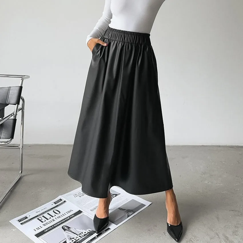 Fleece Faux Leather High Waist Midi Skirt