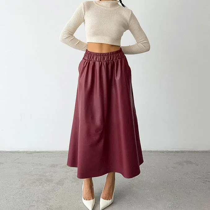 Fleece Faux Leather High Waist Midi Skirt