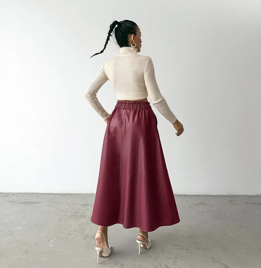 Fleece Faux Leather High Waist Midi Skirt