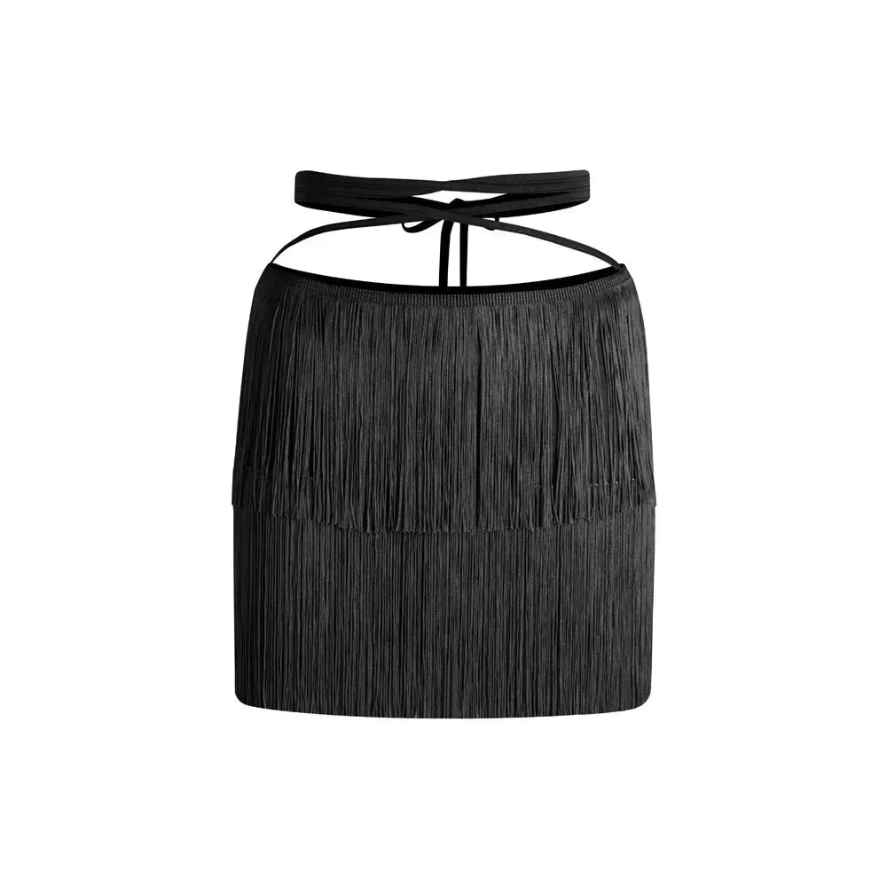 Fringe Mini Skirt for Latin Dance – Latina Mini Skirt with Lace-Up Waist and Built-In Shorts