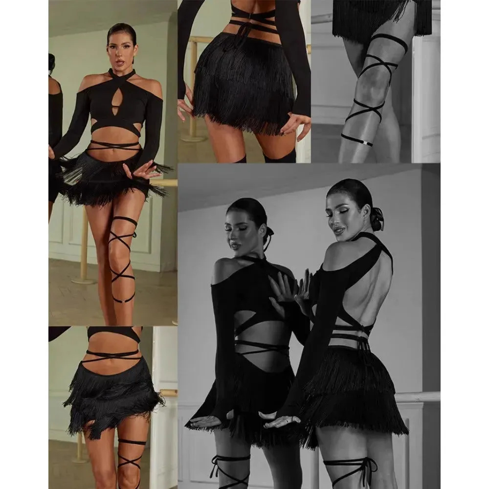 Fringe Mini Skirt for Latin Dance – Latina Mini Skirt with Lace-Up Waist and Built-In Shorts