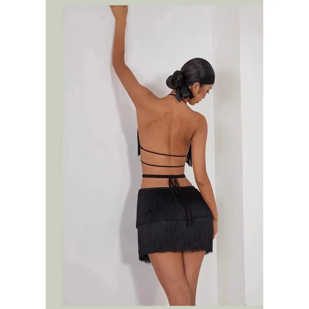Fringe Mini Skirt for Latin Dance – Latina Mini Skirt with Lace-Up Waist and Built-In Shorts