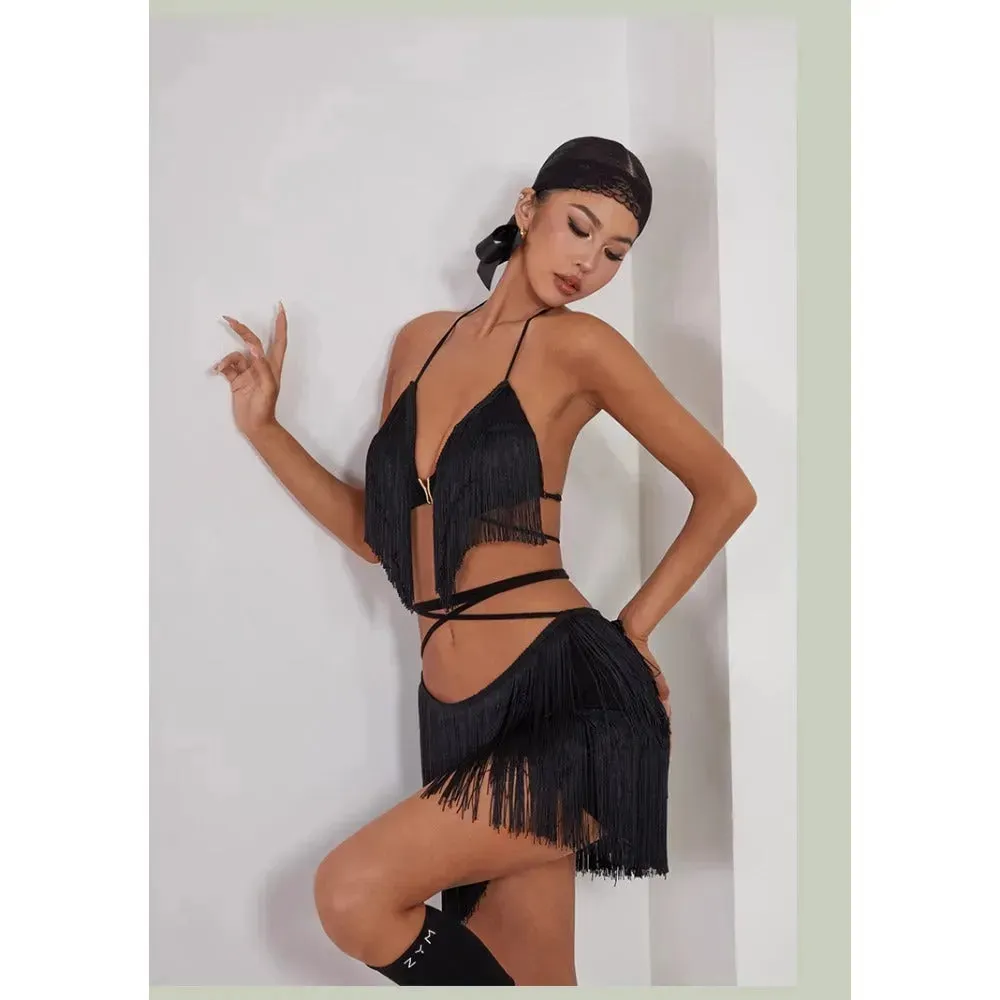 Fringe Mini Skirt for Latin Dance – Latina Mini Skirt with Lace-Up Waist and Built-In Shorts