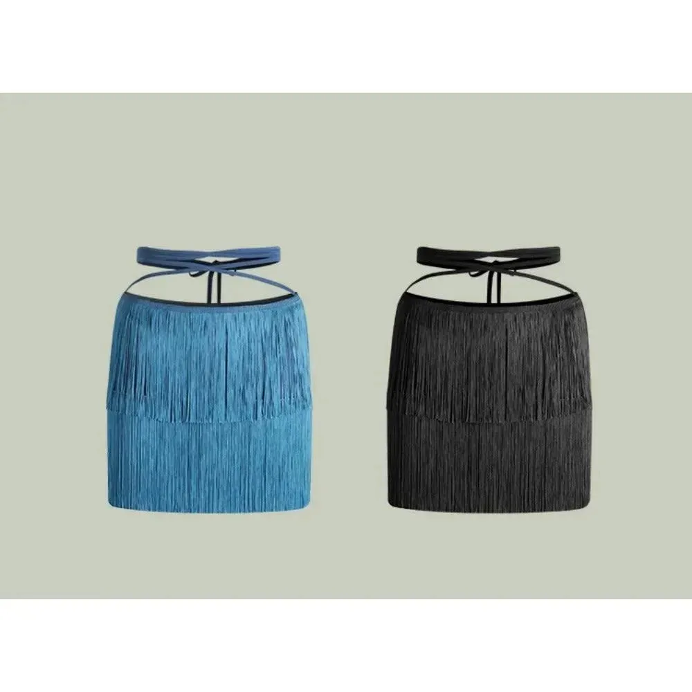 Fringe Mini Skirt for Latin Dance – Latina Mini Skirt with Lace-Up Waist and Built-In Shorts