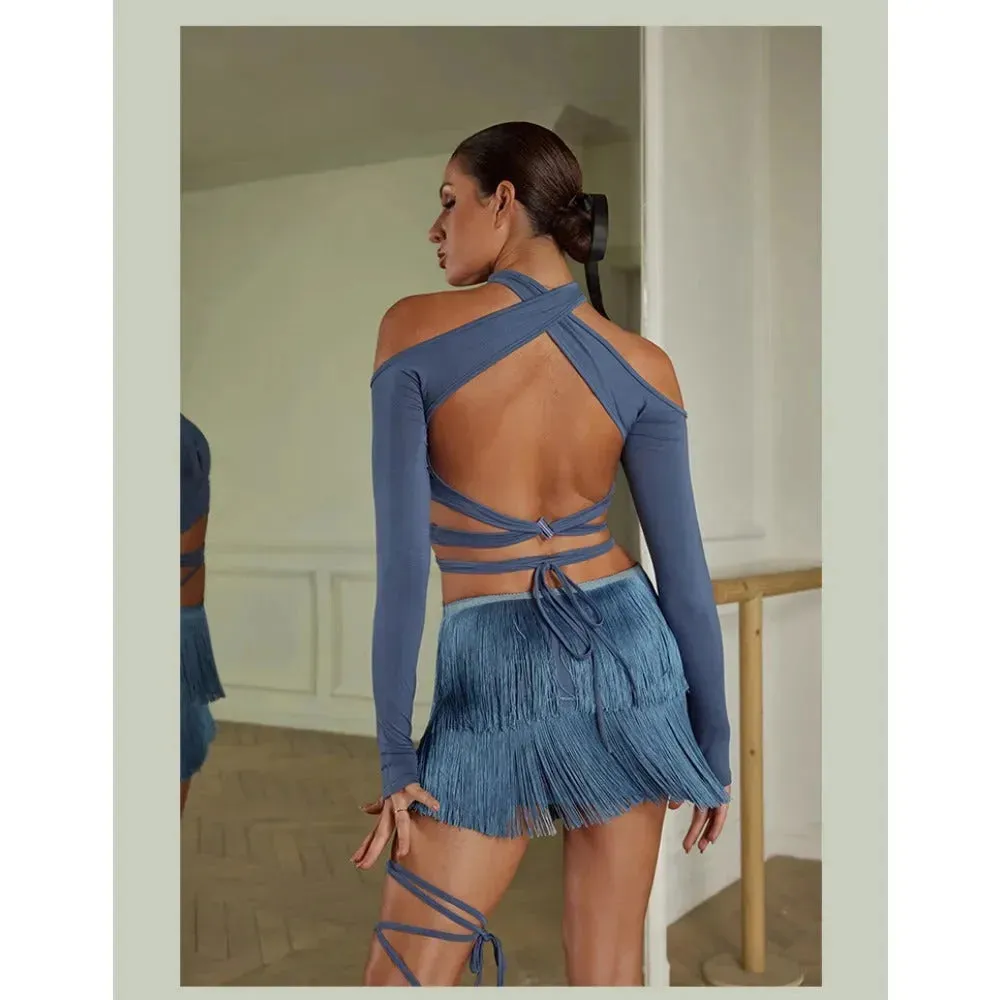 Fringe Mini Skirt for Latin Dance – Latina Mini Skirt with Lace-Up Waist and Built-In Shorts