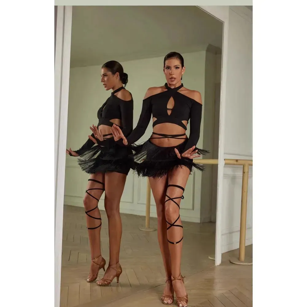 Fringe Mini Skirt for Latin Dance – Latina Mini Skirt with Lace-Up Waist and Built-In Shorts