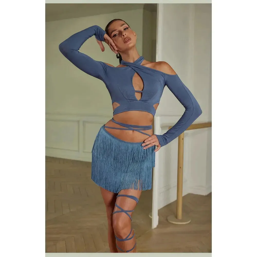 Fringe Mini Skirt for Latin Dance – Latina Mini Skirt with Lace-Up Waist and Built-In Shorts