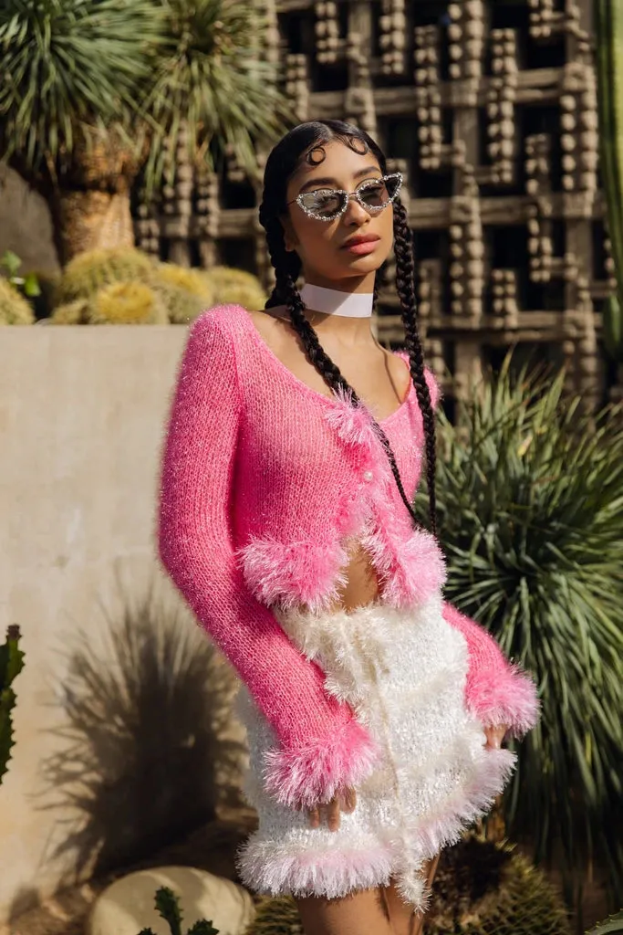 fringe switched knit top fluffy shaggy pink white