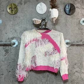 fringe switched knit top fluffy shaggy pink white