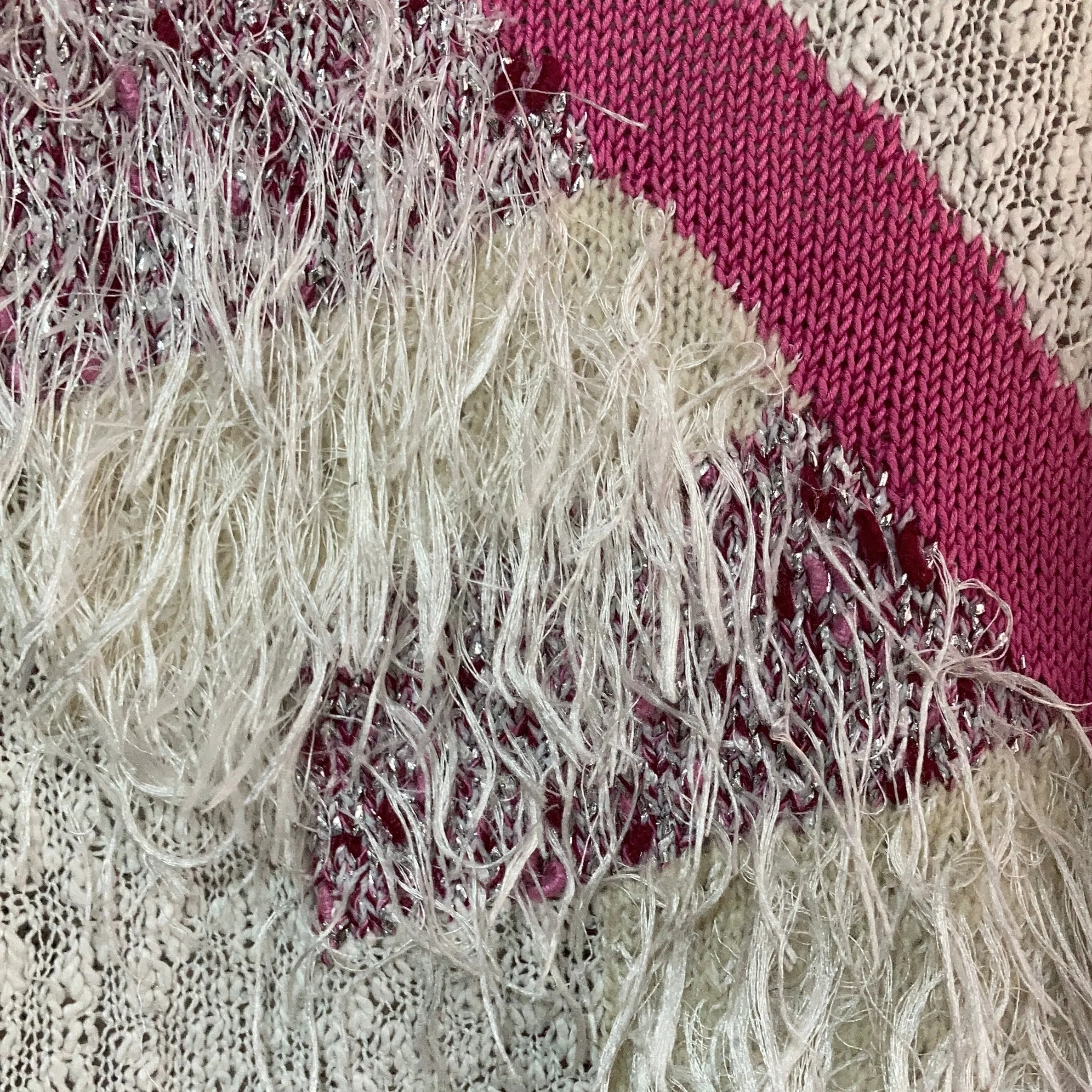 fringe switched knit top fluffy shaggy pink white