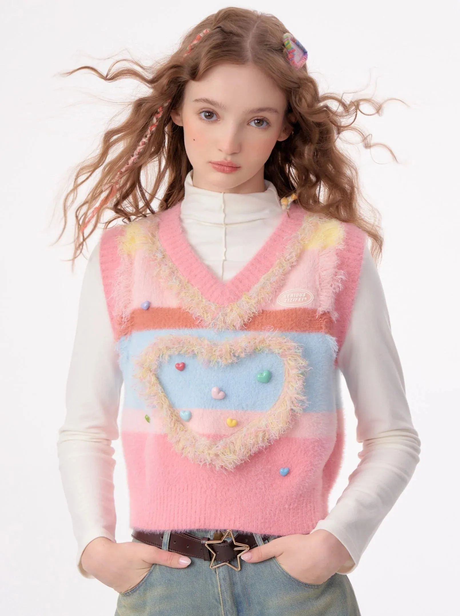 fringe switched knit top fluffy shaggy pink white