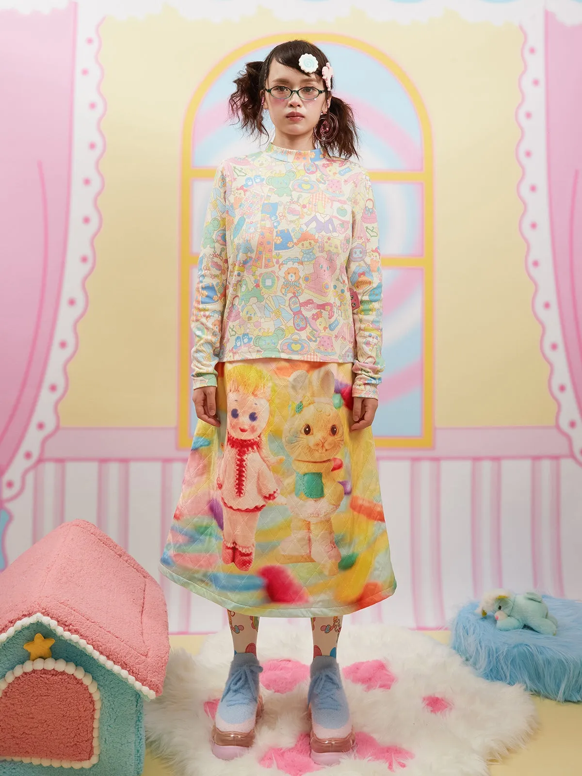 Front & Back Cartoon Print Quilted Skirt