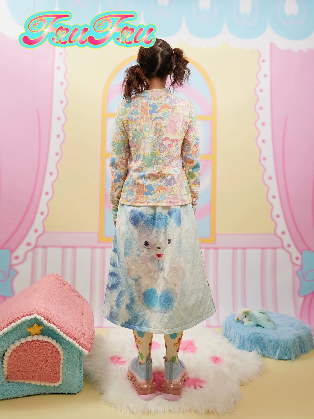 Front & Back Cartoon Print Quilted Skirt