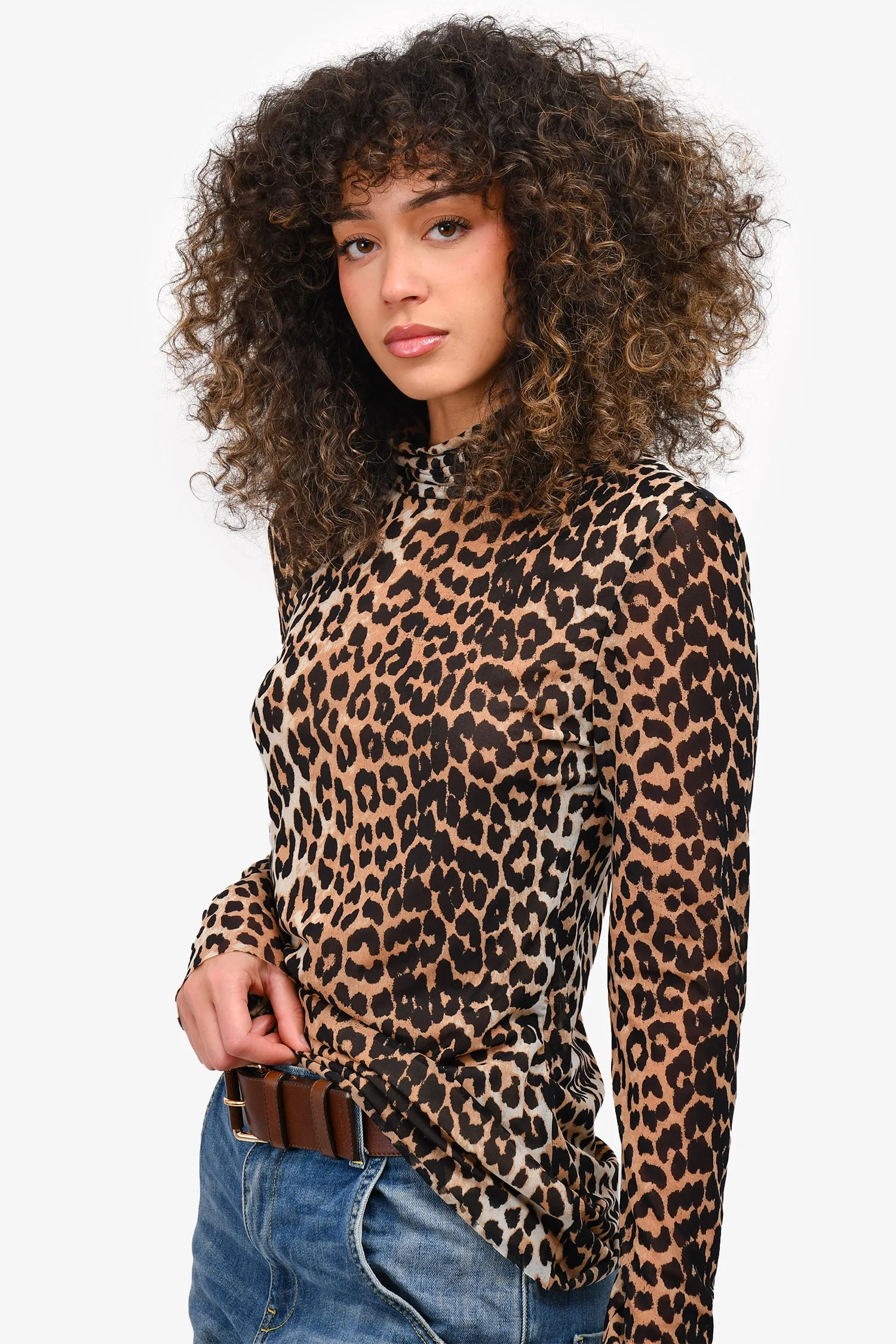 Ganni Leopard Mesh Turtleneck Top Size 40