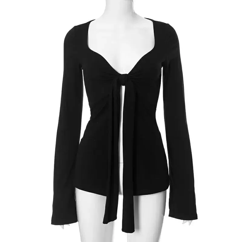 Girlary Womens Long Sleeve T-Shirts Solid Color Deep V-Neck Front Tie Split Bow Knot Casual Fall Winter Fashion Slim Fit Tops