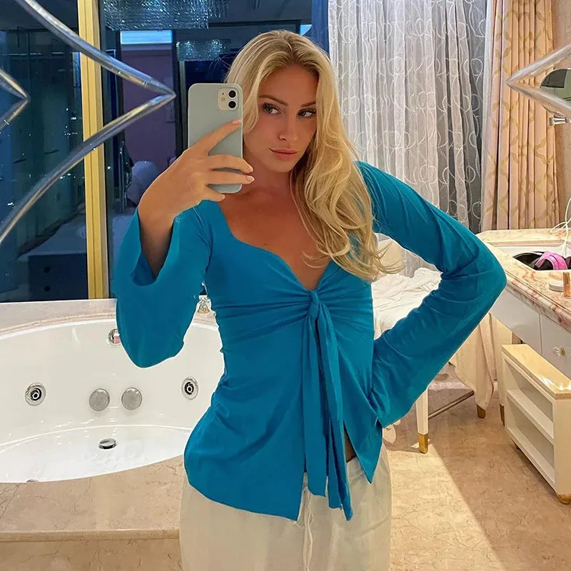 Girlary Womens Long Sleeve T-Shirts Solid Color Deep V-Neck Front Tie Split Bow Knot Casual Fall Winter Fashion Slim Fit Tops