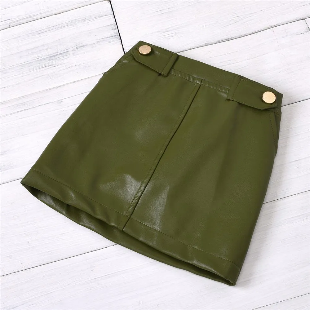 Girls Long Sleeve Solid Turtleneck Top & PU Skirt Toddler Girls Wholesale