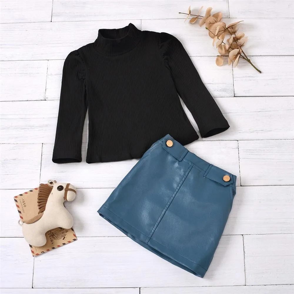 Girls Long Sleeve Solid Turtleneck Top & PU Skirt Toddler Girls Wholesale