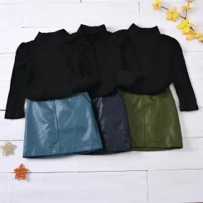 Girls Long Sleeve Solid Turtleneck Top & PU Skirt Toddler Girls Wholesale