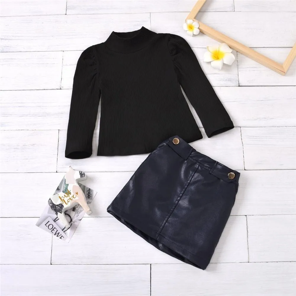 Girls Long Sleeve Solid Turtleneck Top & PU Skirt Toddler Girls Wholesale