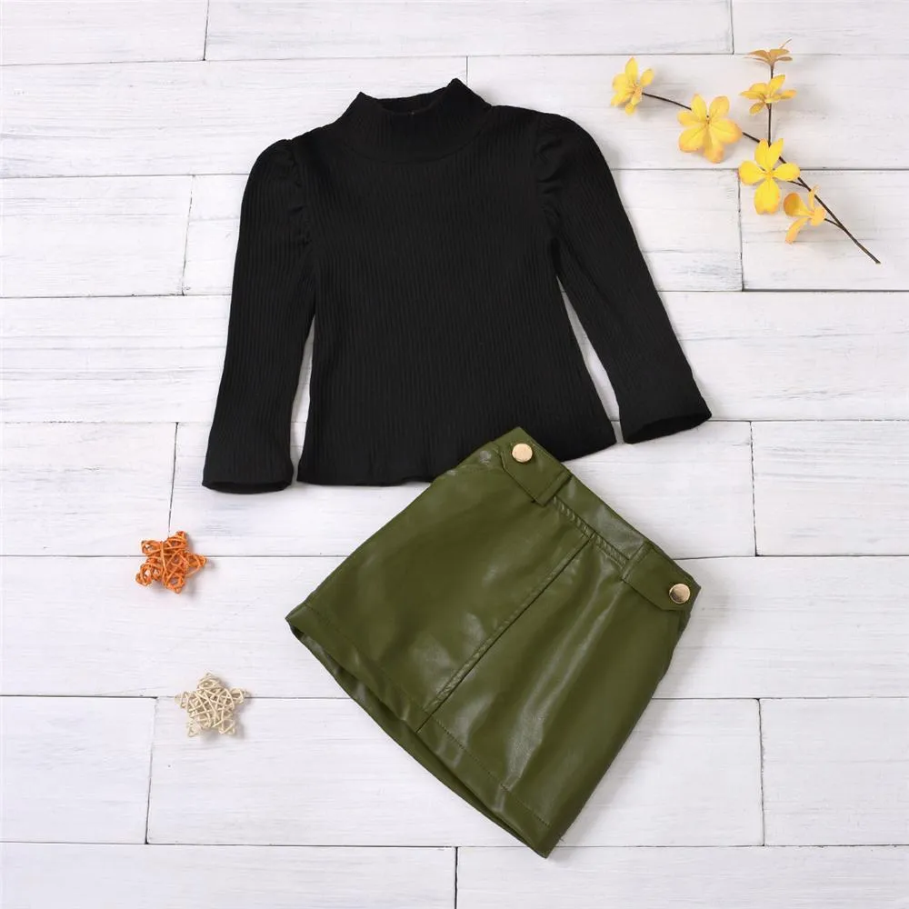 Girls Long Sleeve Solid Turtleneck Top & PU Skirt Toddler Girls Wholesale