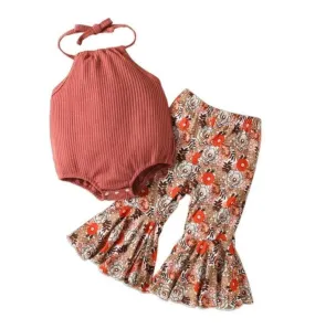 Girl's Rust Halter Top & Ruffle Pant Outfit Set - Floral