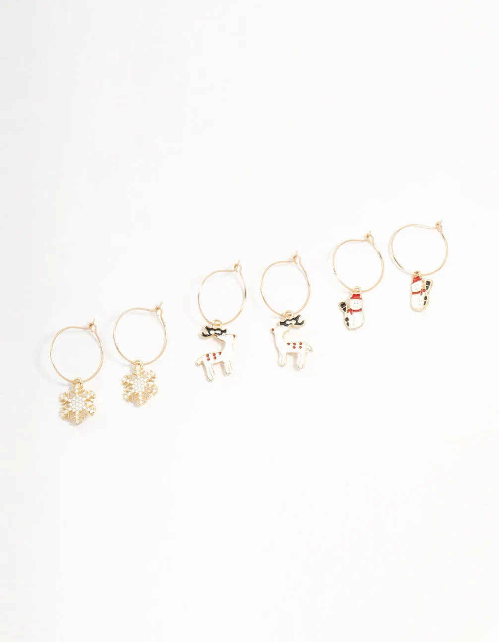 Gold Reindeer & Winter Charms Hoop Earrings 3-Pack