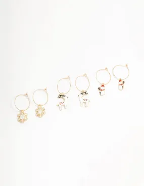 Gold Reindeer & Winter Charms Hoop Earrings 3-Pack