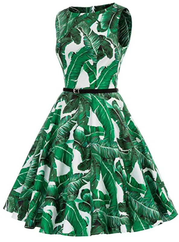 Green Leaf Print Short Women Vintage Dress