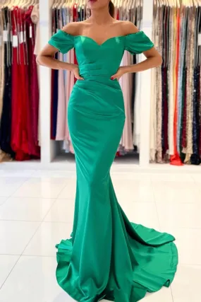 Green Satin Long Prom Dress, Mermaid Off the Shoulder Evening Dress