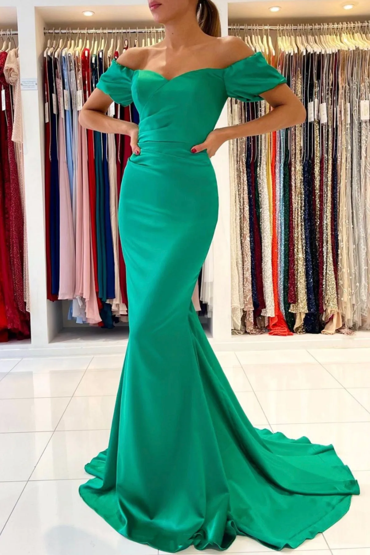 Green Satin Long Prom Dress, Mermaid Off the Shoulder Evening Dress