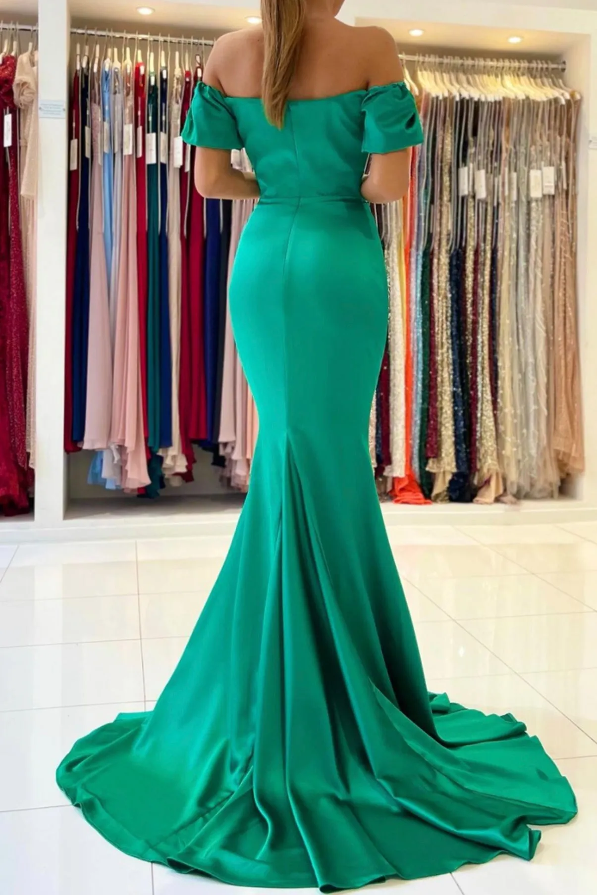 Green Satin Long Prom Dress, Mermaid Off the Shoulder Evening Dress