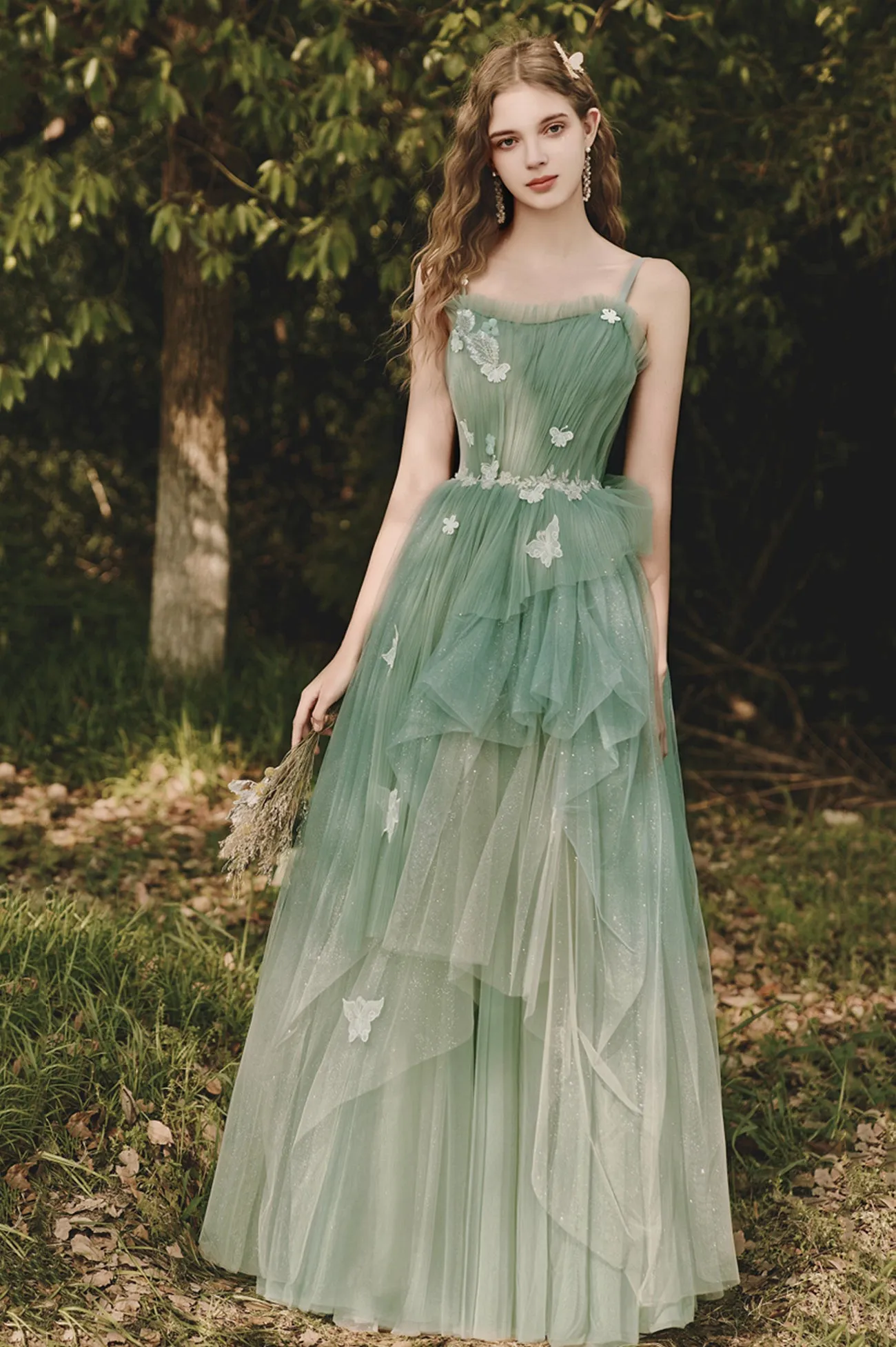 Green Tulle Lace Long Prom Dress, Beautiful Spaghetti Strap Evening Party Dress