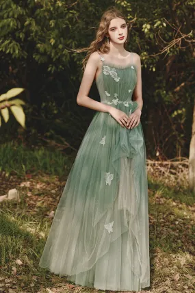 Green Tulle Lace Long Prom Dress, Beautiful Spaghetti Strap Evening Party Dress