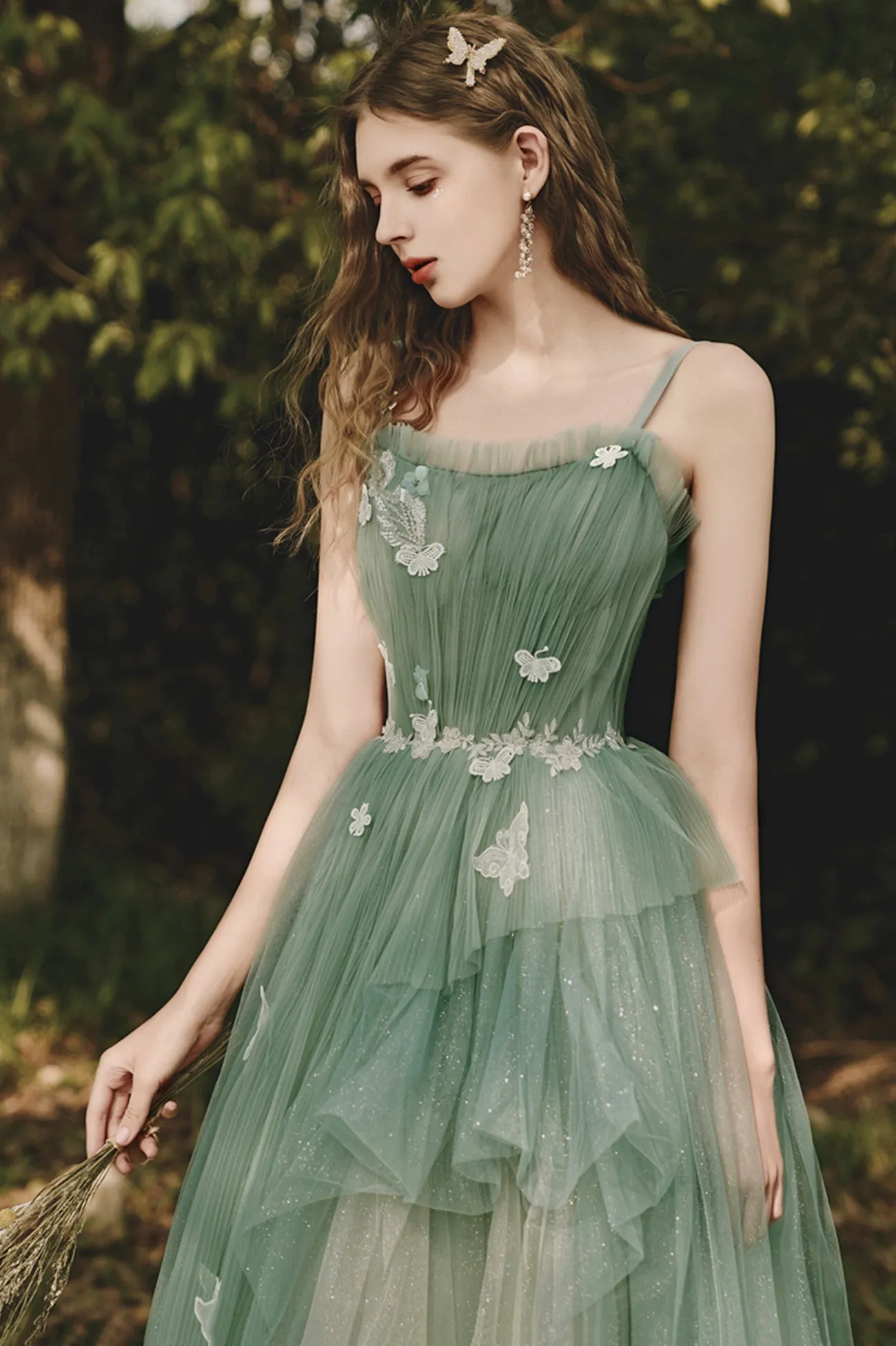 Green Tulle Lace Long Prom Dress, Beautiful Spaghetti Strap Evening Party Dress
