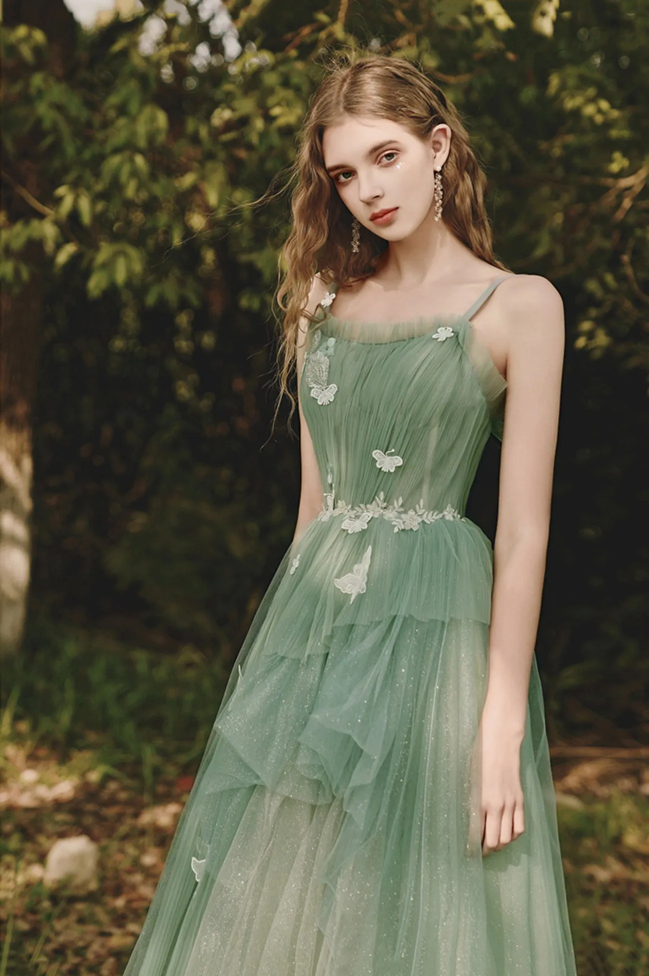 Green Tulle Lace Long Prom Dress, Beautiful Spaghetti Strap Evening Party Dress